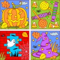 Halloween picture icons for designing themed projects - pumpkin, candy, witch hat, spooky ghost, bats, spiders, cobweb